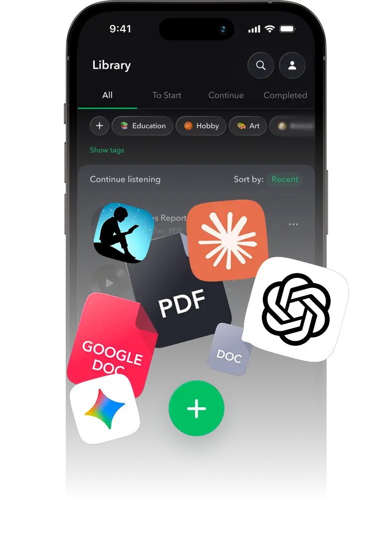 A Peech library, with documents, ebooks and AI chat threads being added to it