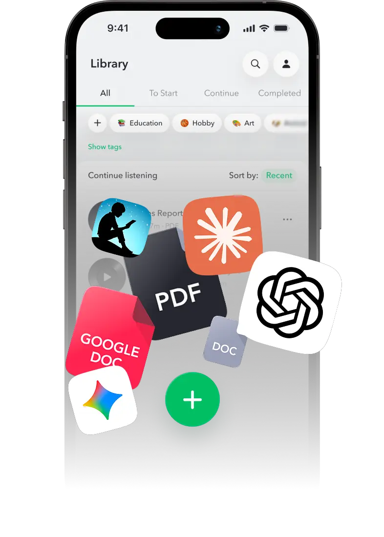 A Peech library, with documents, ebooks and AI chat threads being added to it